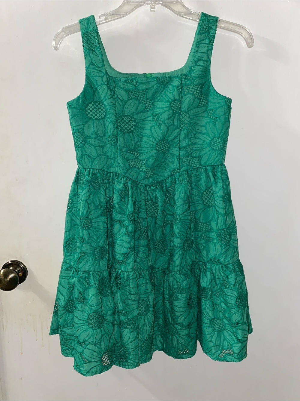 Girls Rare Editions Green Floral Lace Tiered Dress